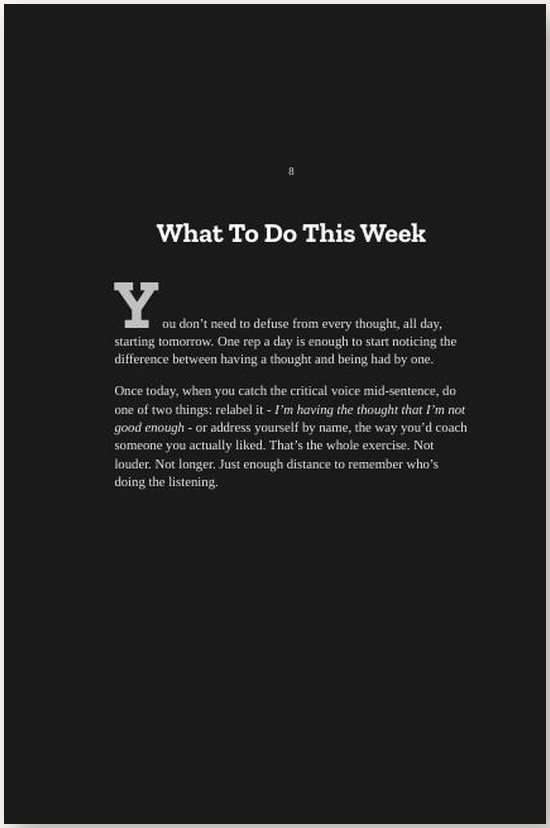 Interior page 2 from THE VOICE IN YOUR HEAD ISN'T YOURS — black-page editorial design