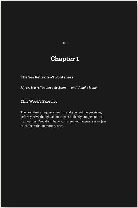 Interior page 1 from THE YES REFLEX — black-page editorial design